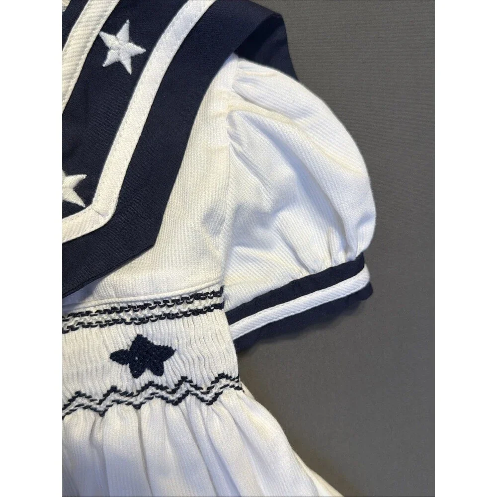Vintage Friedknit Creations Smocked Nautical 12 Month Baby Girl Dress Stars